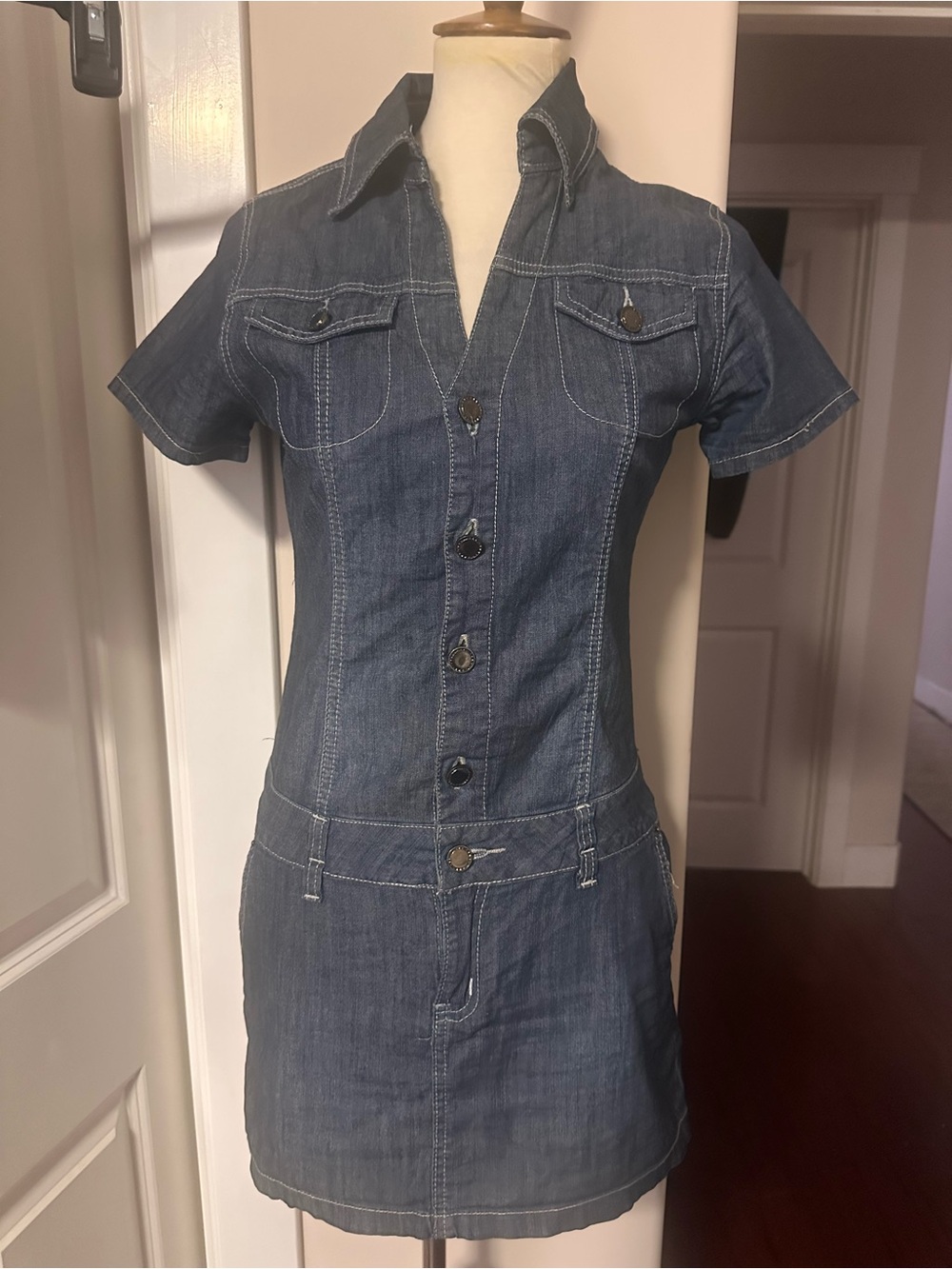 Vtg Y2K FIRSTFEEL JEANS Stretch Denim Cargo Mini Dress Medium Euro